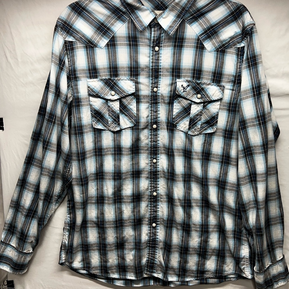 American Eagle Vintage Fit Mens Blue Plaid Long Sleeve Pearl Snap‎ Shirt Size L